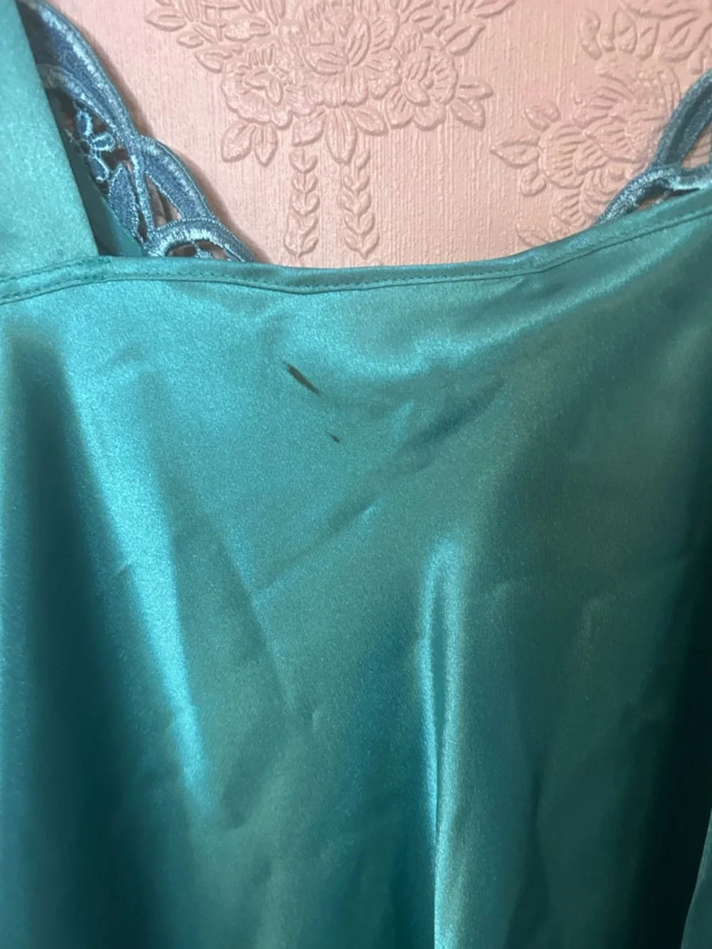 Vintage Turquoise Satin Chemise with Embroidered V-Neck - Picture 5 of 6